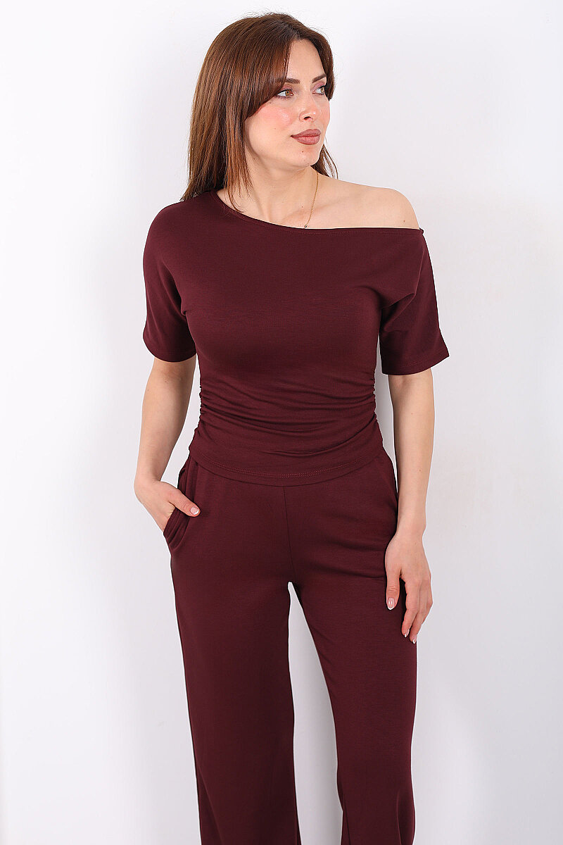 Kayık Yaka Drapeli Kadın Bordo Modal Pantolon Takım - 1