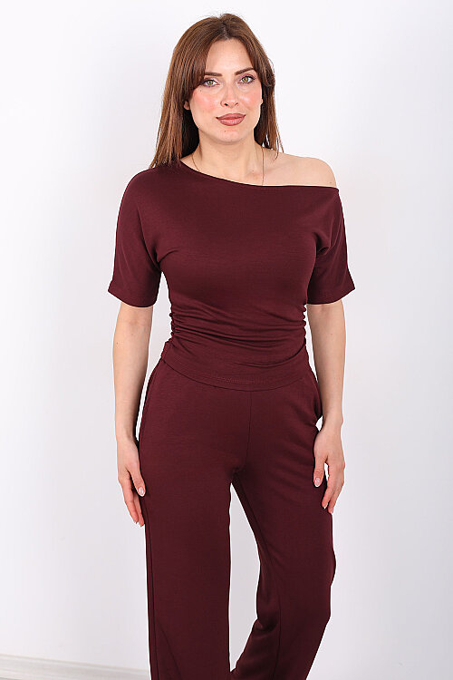 Kayık Yaka Drapeli Kadın Bordo Modal Pantolon Takım - 4