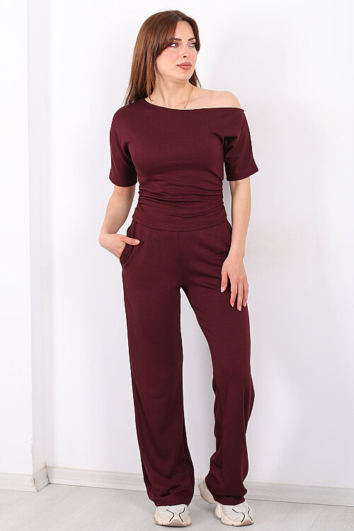 Kayık Yaka Drapeli Kadın Bordo Modal Pantolon Takım - 5