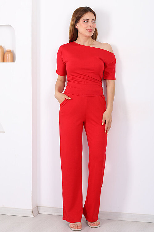 Kayık Yaka Drapeli Kadın Kırmızı Modal Pantolon Takım - 3
