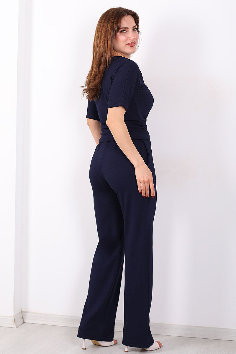Kayık Yaka Drapeli Kadın Lacivert Modal Pantolon Takım - 6