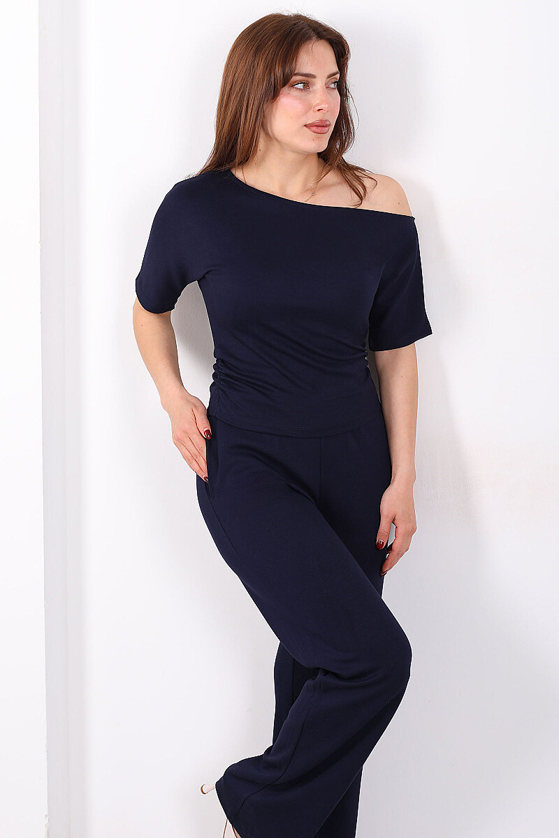 Kayık Yaka Drapeli Kadın Lacivert Modal Pantolon Takım - 1