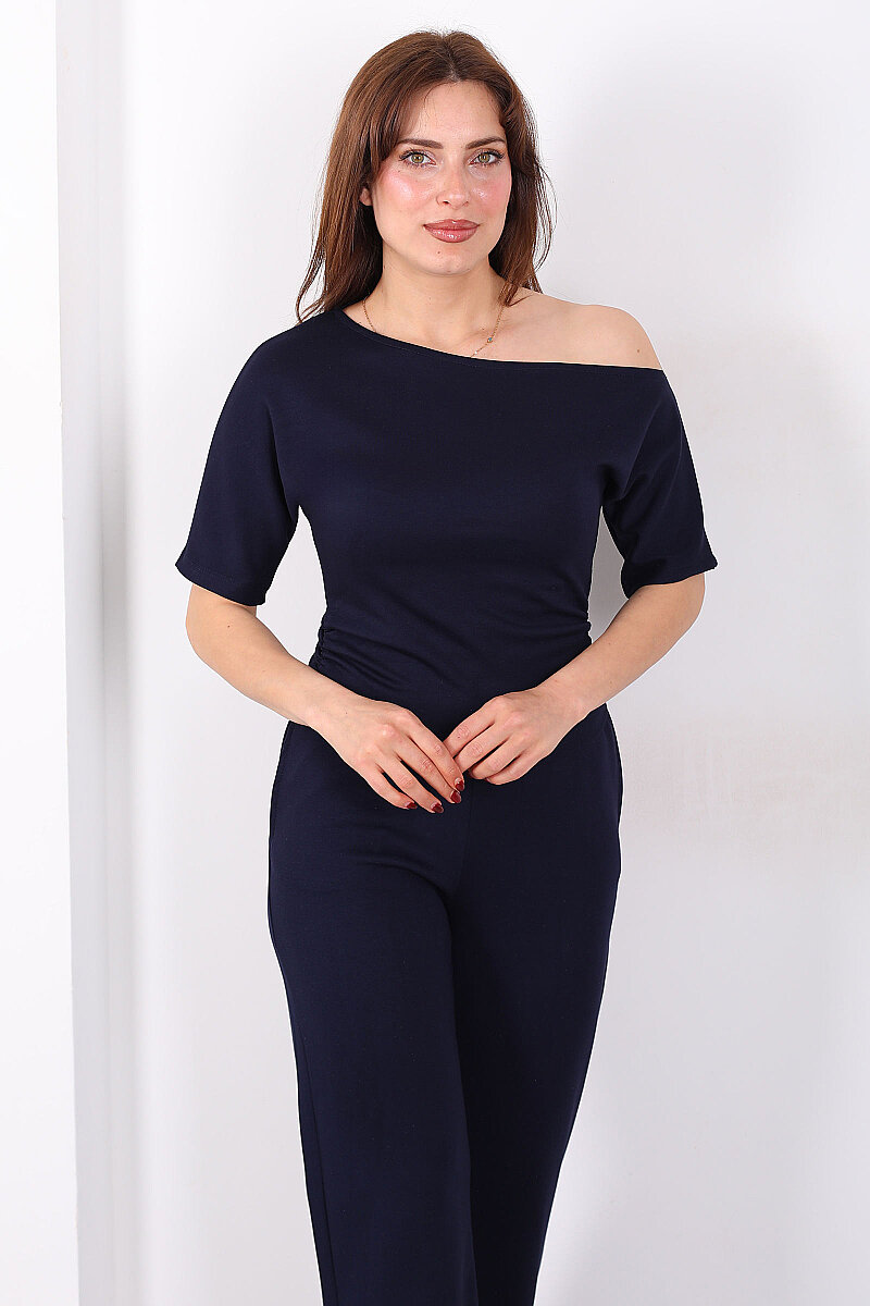 Kayık Yaka Drapeli Kadın Lacivert Modal Pantolon Takım - 4