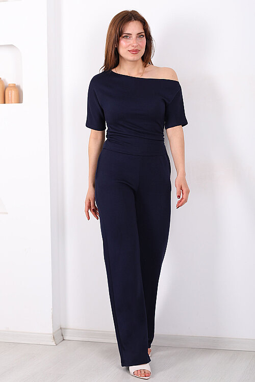 Kayık Yaka Drapeli Kadın Lacivert Modal Pantolon Takım - 5