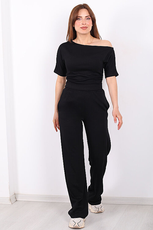 Kayık Yaka Drapeli Kadın Siyah Modal Pantolon Takım - 4