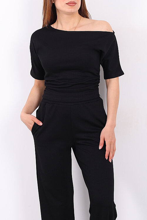 Kayık Yaka Drapeli Kadın Siyah Modal Pantolon Takım - Berox (1)