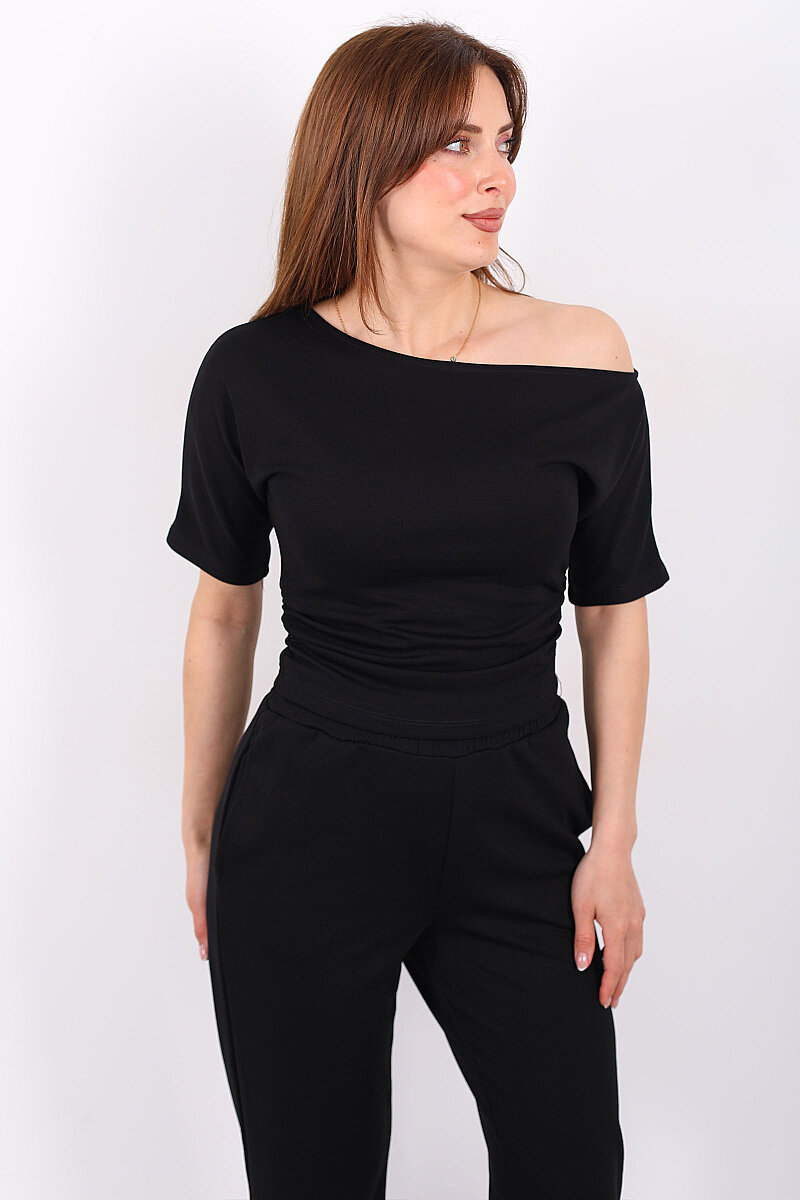 Kayık Yaka Drapeli Kadın Siyah Modal Pantolon Takım - 6