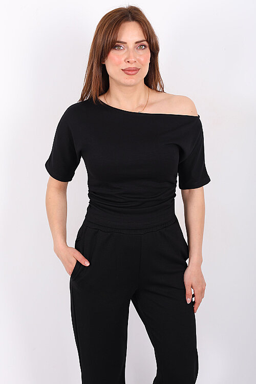 Kayık Yaka Drapeli Kadın Siyah Modal Pantolon Takım - 3
