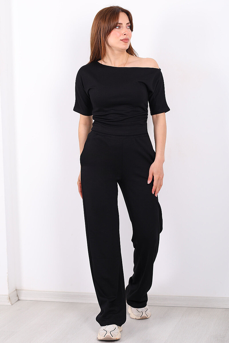 Kayık Yaka Drapeli Kadın Siyah Modal Pantolon Takım - 1