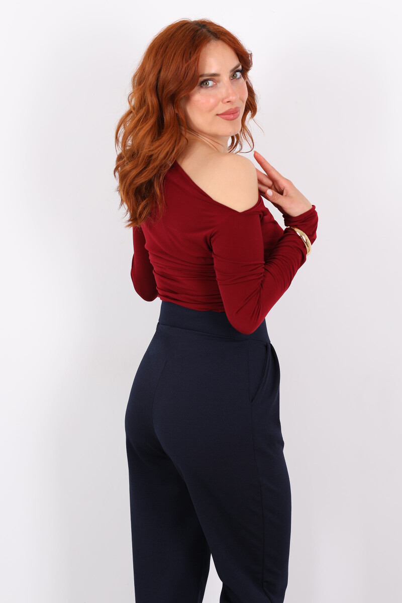 Kayık Yaka Drapeli Sandy Bordo Kadın Bluz - 2