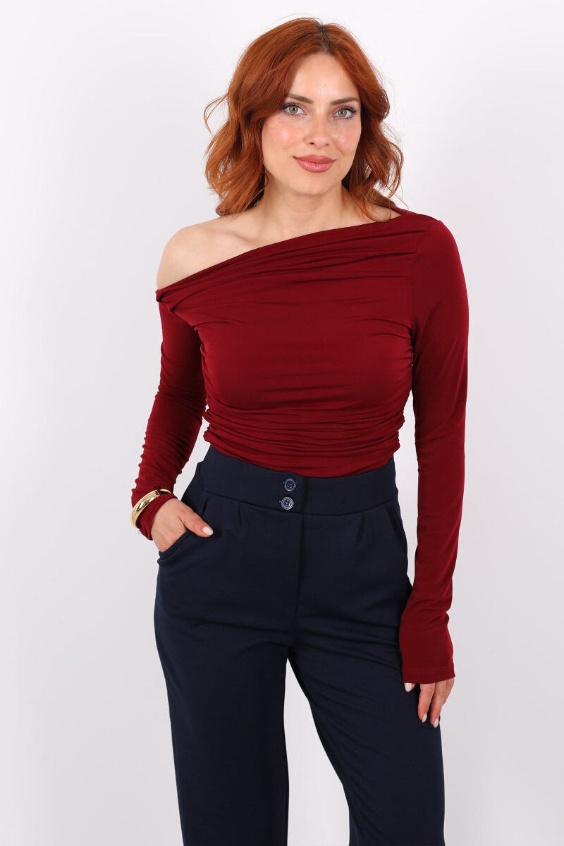 Kayık Yaka Drapeli Sandy Bordo Kadın Bluz - 1