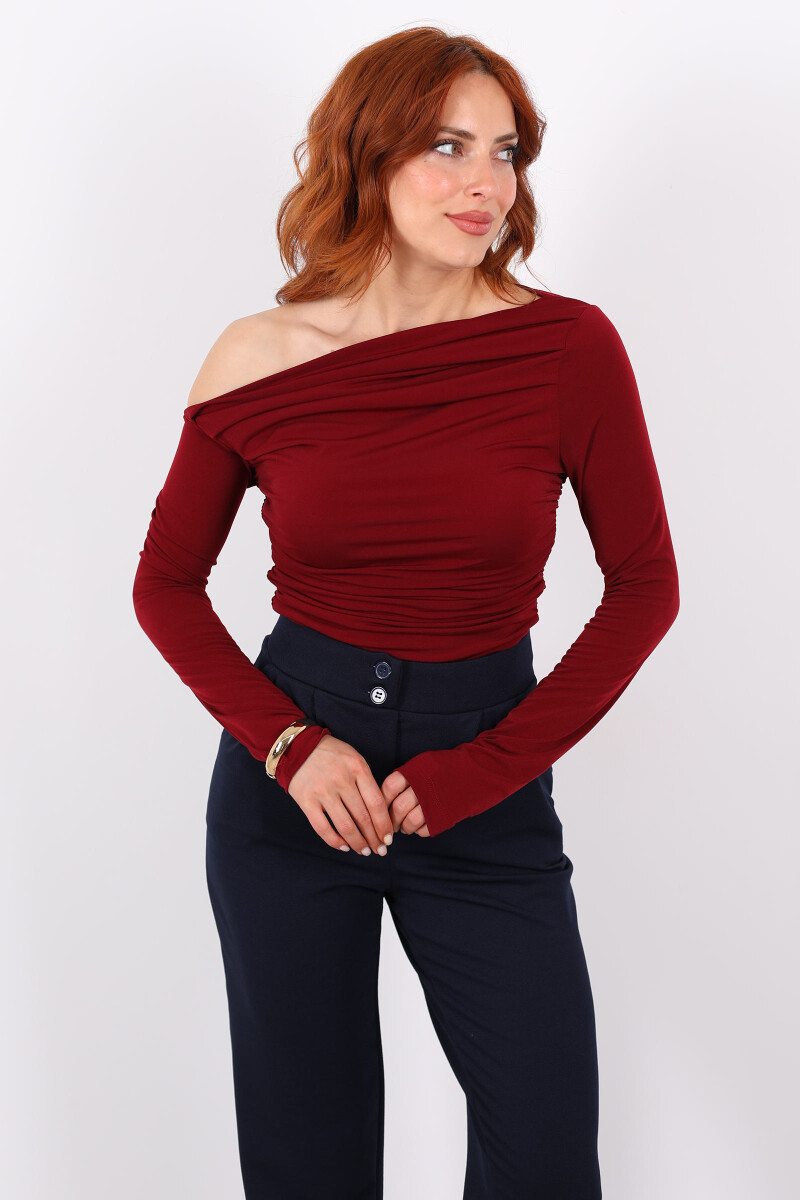 Kayık Yaka Drapeli Sandy Bordo Kadın Bluz - 3