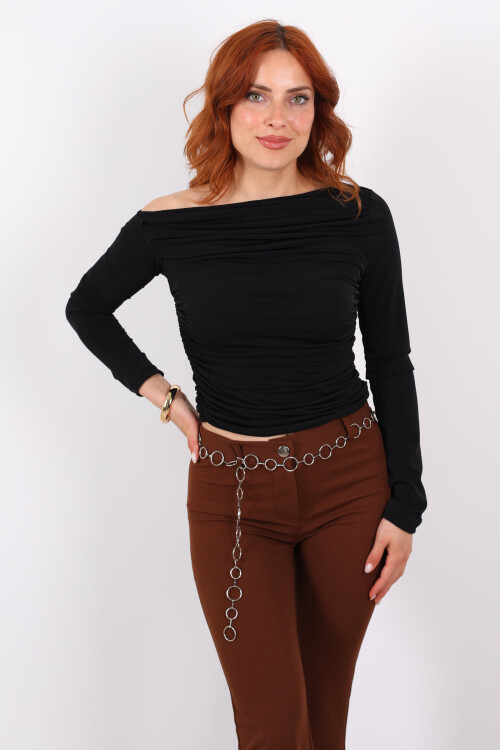 Kayık Yaka Drapeli Sandy Siyah Kadın Bluz - 4