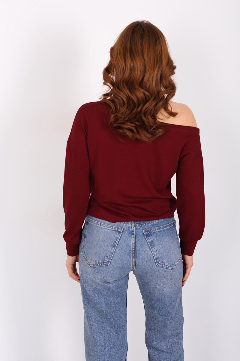 Kayık Yaka Fitilli Bordo Kadın Bluz - 4