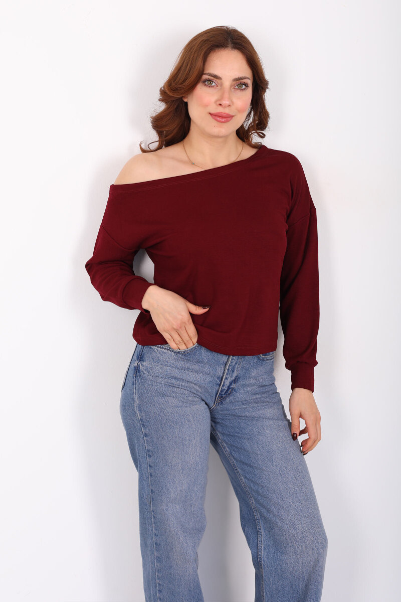 Kayık Yaka Fitilli Bordo Kadın Bluz - 5