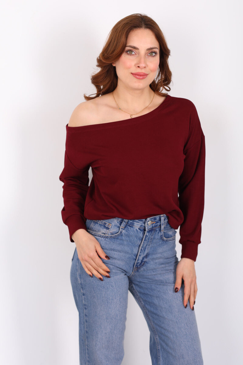 Kayık Yaka Fitilli Bordo Kadın Bluz - 3