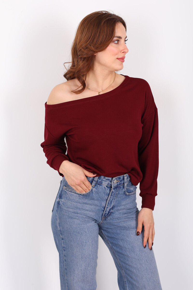 Kayık Yaka Fitilli Bordo Kadın Bluz - 1