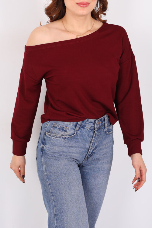 Kayık Yaka Fitilli Bordo Kadın Bluz - 2