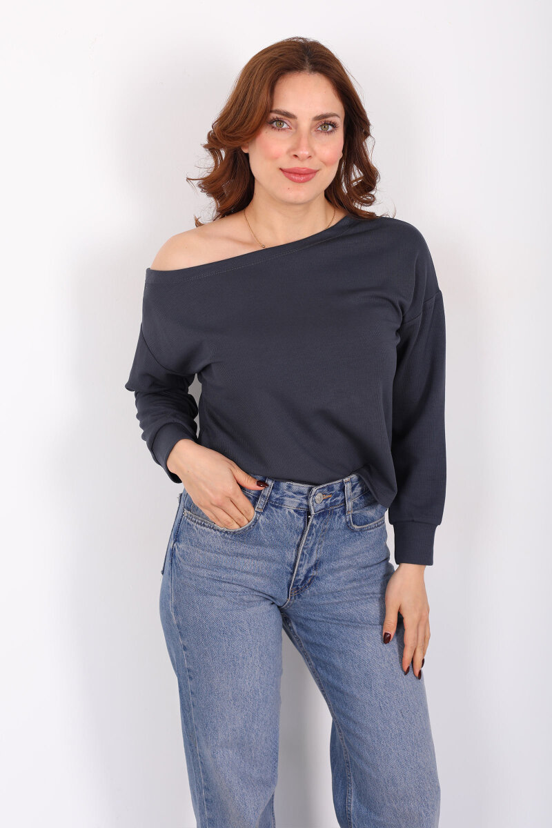 Kayık Yaka Fitilli Füme Kadın Bluz - 3