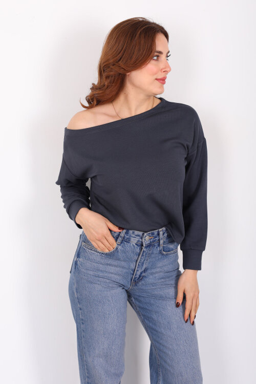 Kayık Yaka Fitilli Füme Kadın Bluz 