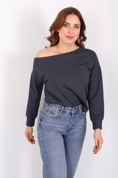 Kayık Yaka Fitilli Füme Kadın Bluz - 4