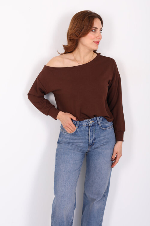 Kayık Yaka Fitilli Kahverengi Kadın Bluz - 4
