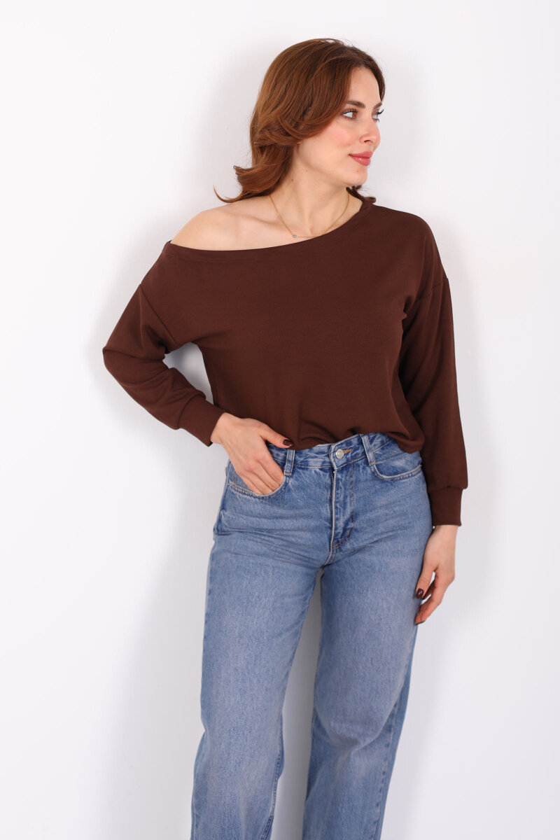 Kayık Yaka Fitilli Kahverengi Kadın Bluz - 4