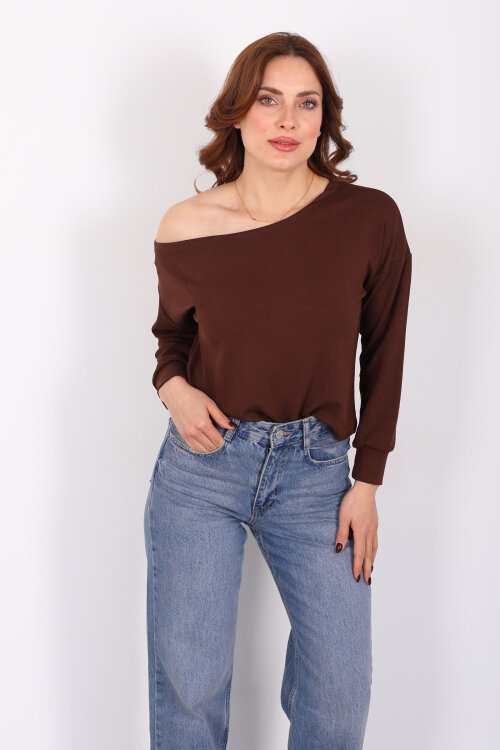 Kayık Yaka Fitilli Kahverengi Kadın Bluz - Berox