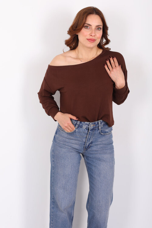 Kayık Yaka Fitilli Kahverengi Kadın Bluz - 3