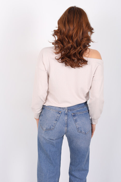 Kayık Yaka Fitilli Krem Kadın Bluz - 2