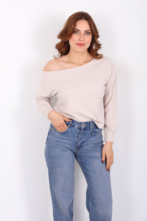 Kayık Yaka Fitilli Krem Kadın Bluz - 4