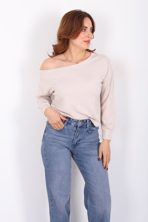 Kayık Yaka Fitilli Krem Kadın Bluz - 3