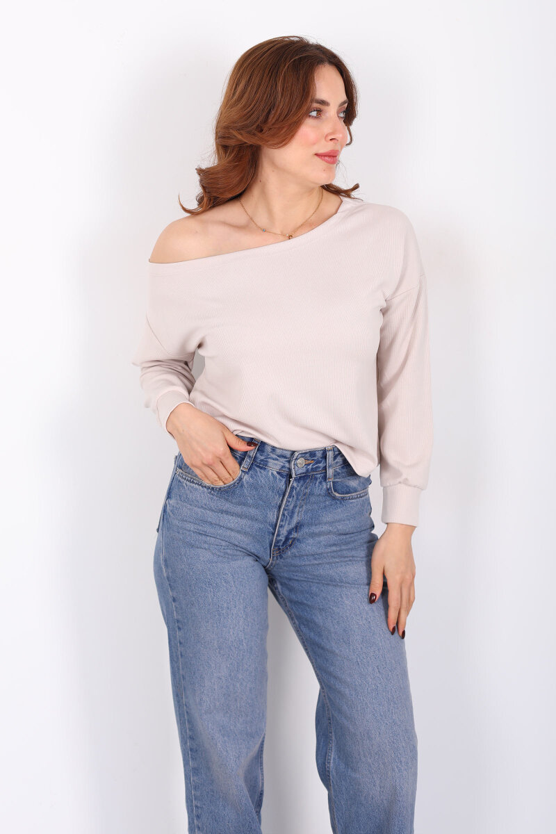 Kayık Yaka Fitilli Krem Kadın Bluz - 3