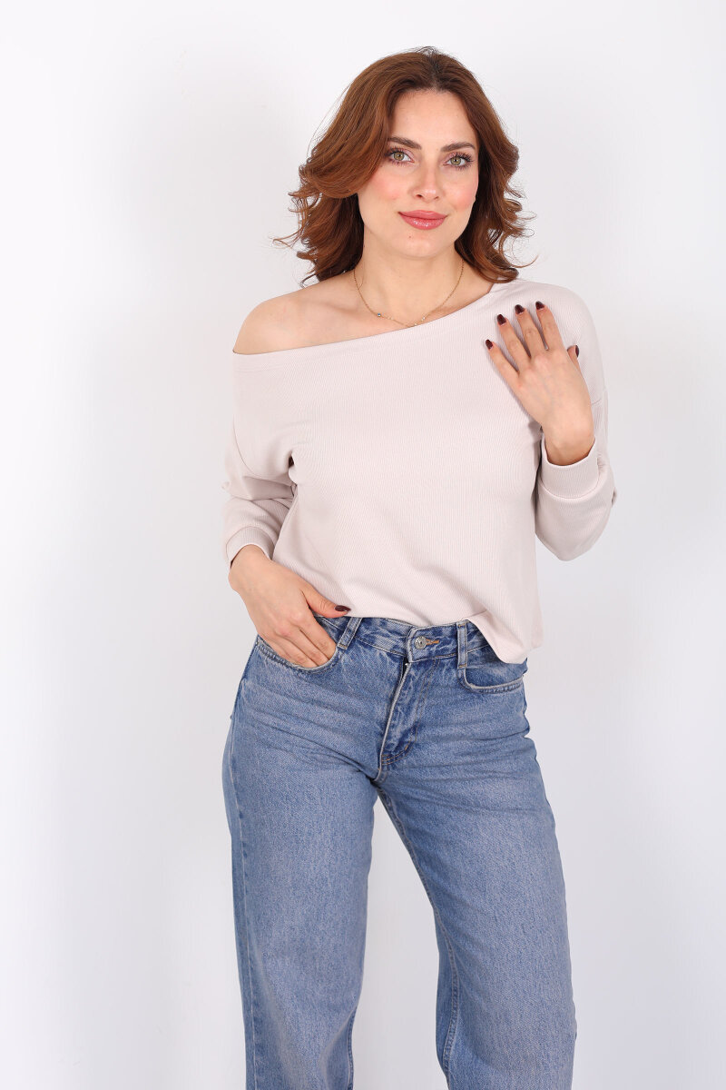 Kayık Yaka Fitilli Krem Kadın Bluz - 1
