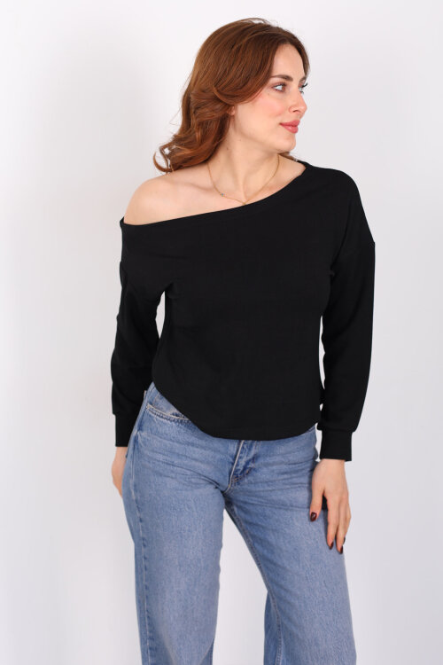 Kayık Yaka Fitilli Siyah Kadın Bluz - 3