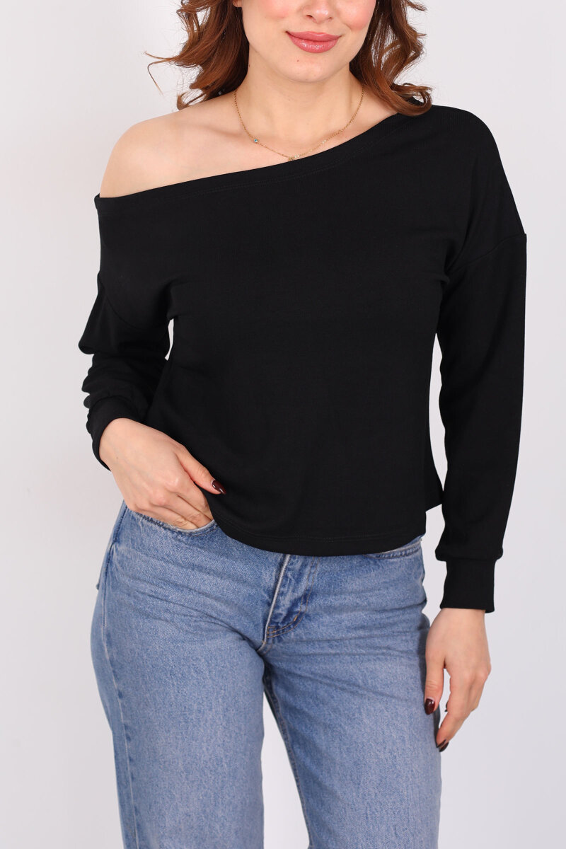 Kayık Yaka Fitilli Siyah Kadın Bluz - 2