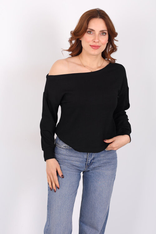 Kayık Yaka Fitilli Siyah Kadın Bluz 