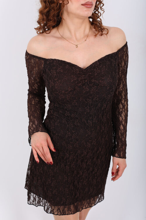 Kayık Yaka İspanyol Kol Çan Dantel Mini Kahverengi Elbise - Berox (1)