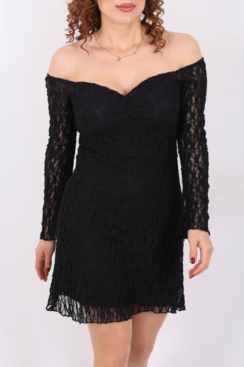 Kayık Yaka İspanyol Kol Çan Dantel Mini Siyah Elbise - Berox (1)