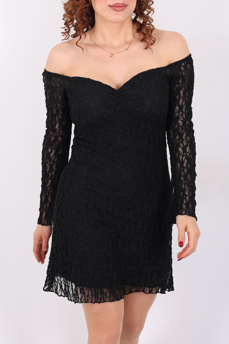 Kayık Yaka İspanyol Kol Çan Dantel Mini Siyah Elbise - 2