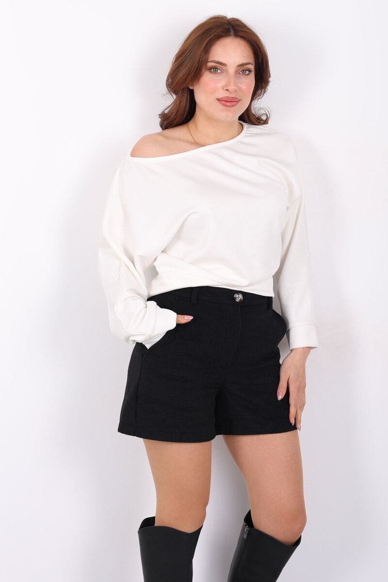 Kayık Yaka Kadın Beyaz Oys Bluz - 5