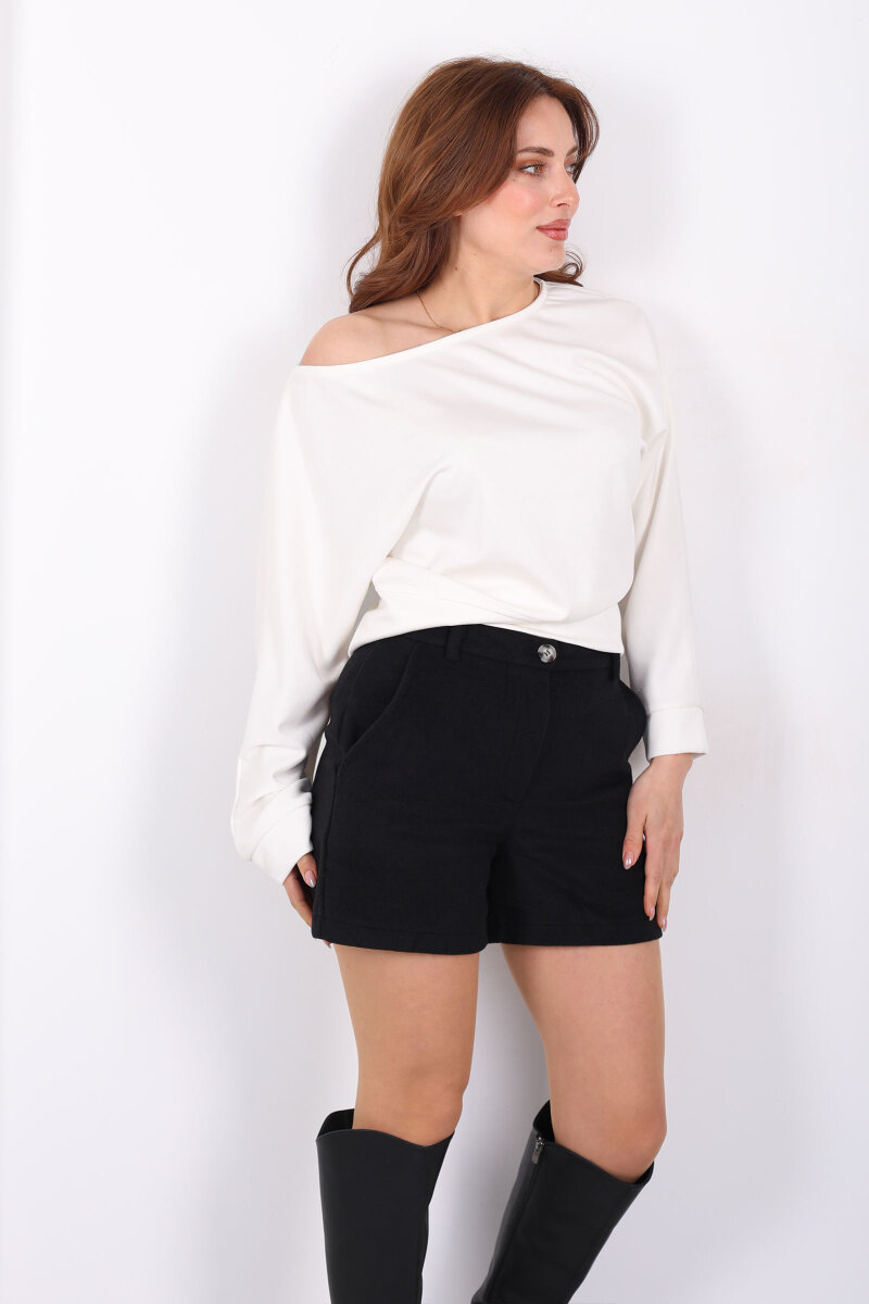 Kayık Yaka Kadın Beyaz Oys Bluz - 1