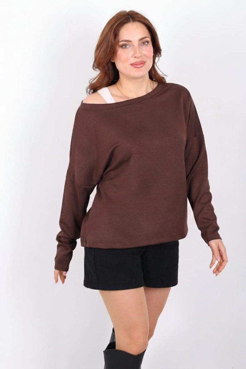 Kayık Yaka Kadın Kahverengi Atletli Bluz - 4