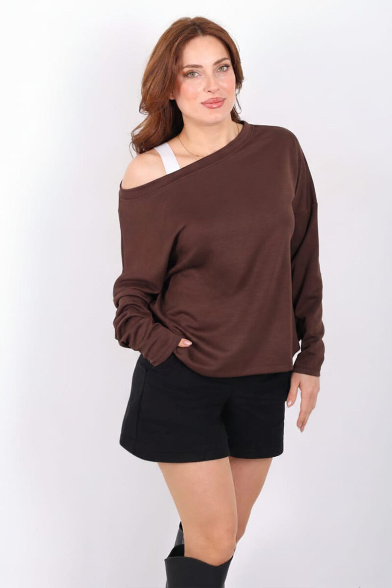 Kayık Yaka Kadın Kahverengi Atletli Bluz - 3
