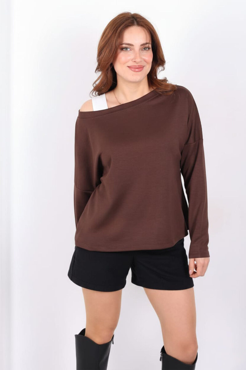 Kayık Yaka Kadın Kahverengi Atletli Bluz - 1