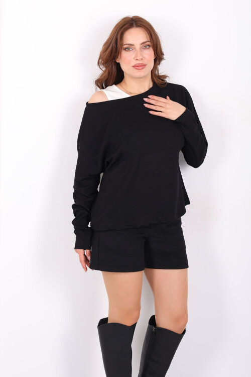 Kayık Yaka Kadın Siyah Atletli Bluz - 3