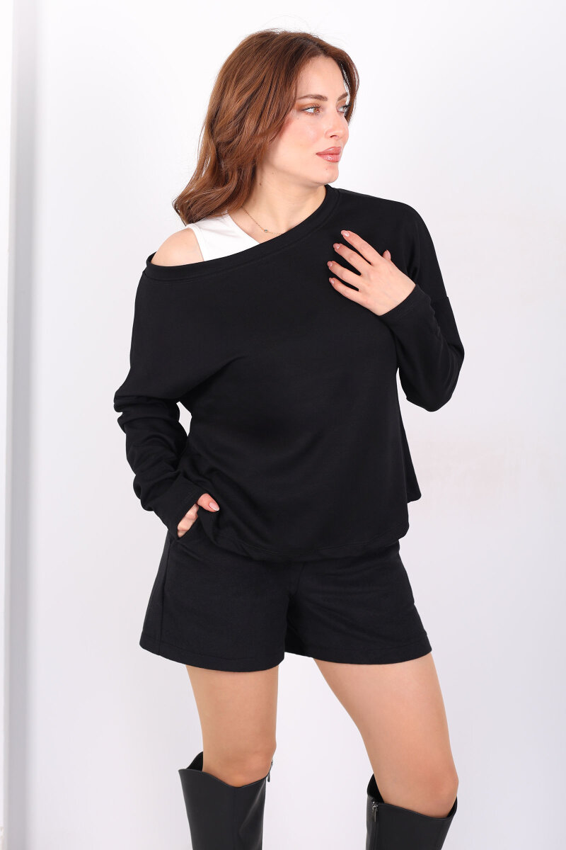 Kayık Yaka Kadın Siyah Atletli Bluz - 1