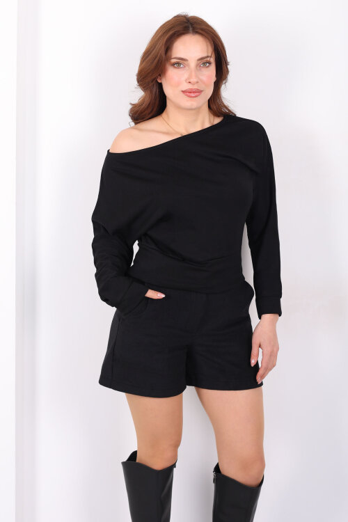 Kayık Yaka Kadın Siyah Oys Bluz - Berox