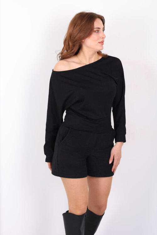 Kayık Yaka Kadın Siyah Oys Bluz - 5