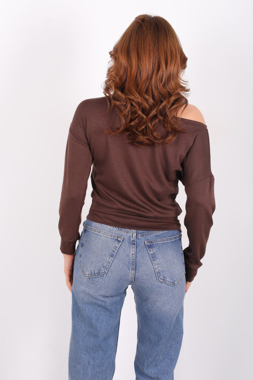 Kayık Yaka Kahverengi Kadın Bluz - 2